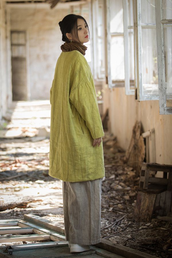 燕燕~秋冬新品 苧麻炒色夾棉加厚復古改良禪意風女式中長棉衣上衣 