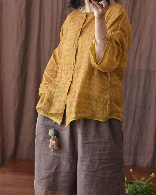 燕燕~棉麻商品~苧麻 染色數碼印花七分袖襯衫 夏季輕薄手縫線麻開衫 