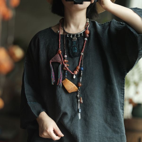 燕燕棉麻～百搭做舊雪花洗棉麻寬鬆文藝小衫 上衣   ab217801 