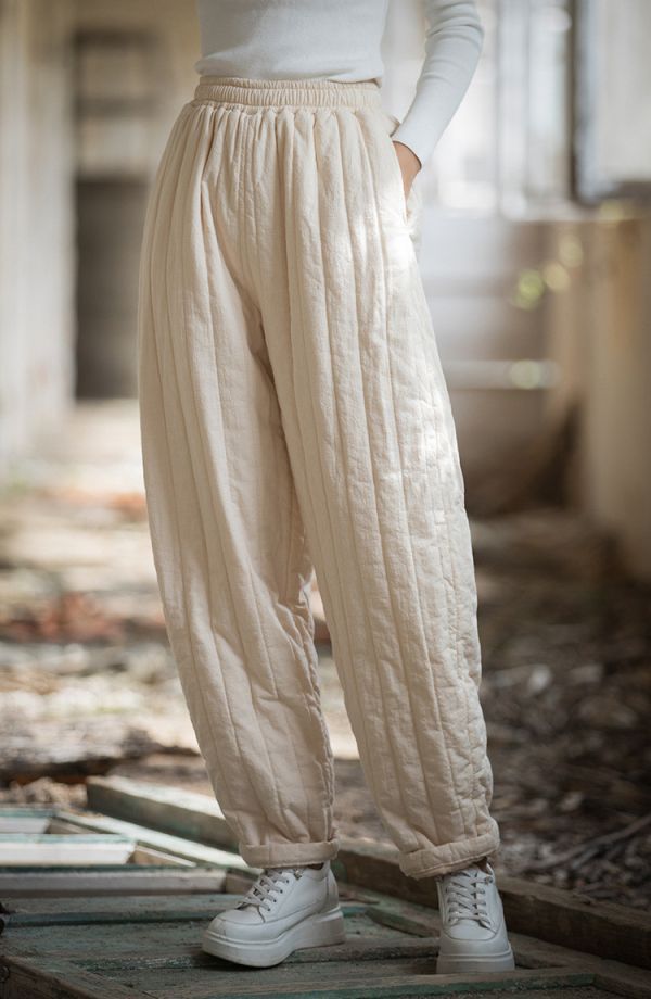 燕燕~冬季新款 夾棉加厚保暖休閒褲 絎縫豎格個性棉褲 長褲 