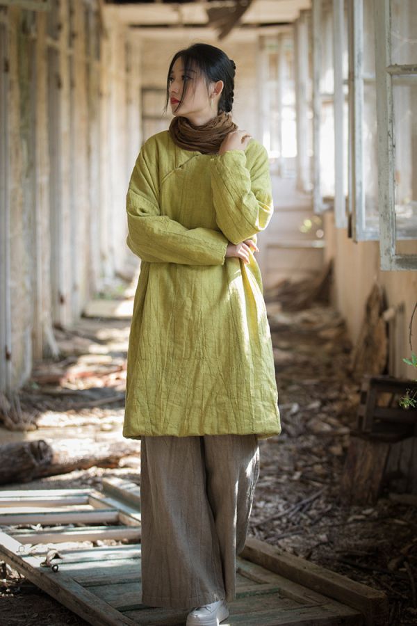 燕燕~秋冬新品 苧麻炒色夾棉加厚復古改良禪意風女式中長棉衣上衣 