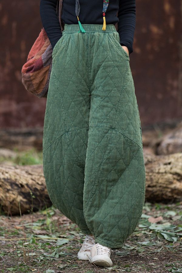 燕燕~冬季新款 復古夾棉絎縫菱形格加厚保暖燈籠棉褲 長褲 