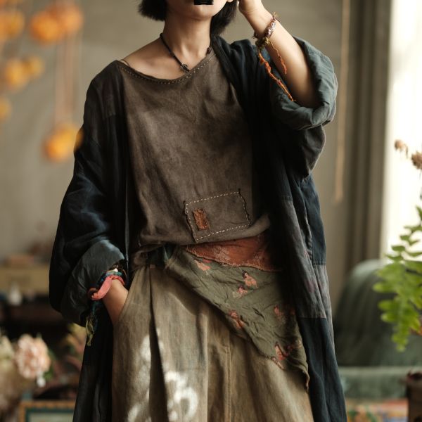 燕燕~復古文藝拼色布三角巾圍巾頭巾  abW07501 