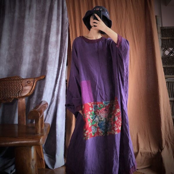 燕燕. 純麻   毛邊撞色大袍洋裝 連身裙。ab143601 