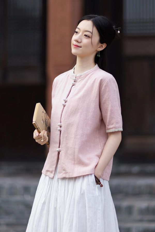 燕燕~夏季新款 莧麻改良小衫 盤扣文藝小清新短袖襯衫 撞色開襟衫 