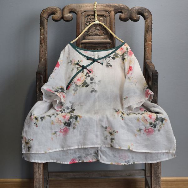 燕燕~棉麻商品~苧麻材質 數碼印花V領盤扣寬鬆襯衫 文藝上衣 短袖棉麻 