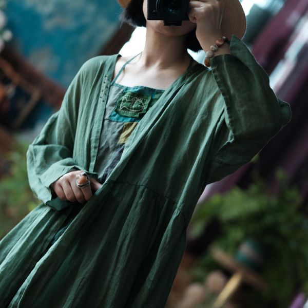 燕燕~純麻 寬鬆百搭手工繡花長外披長外套。ab219301 