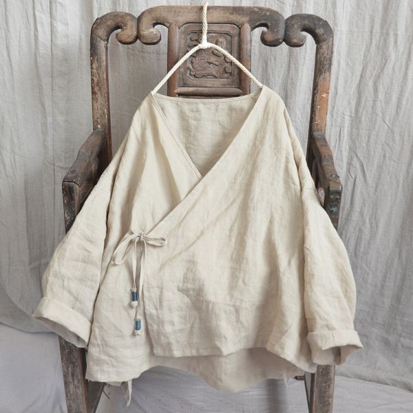 燕燕~棉麻  斜襟繫帶上衣 寬鬆上衣不規則下擺 開襟衫女裝襯衫 外套 