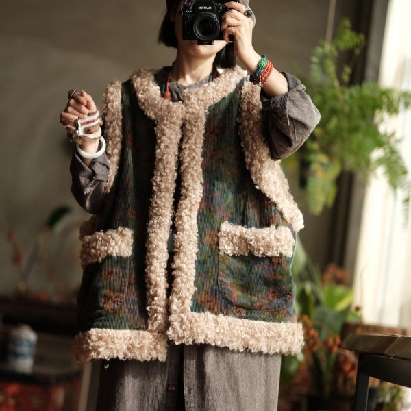 燕燕~復古燈芯絨羊捲毛大口袋夾棉加厚背心 ab222301 