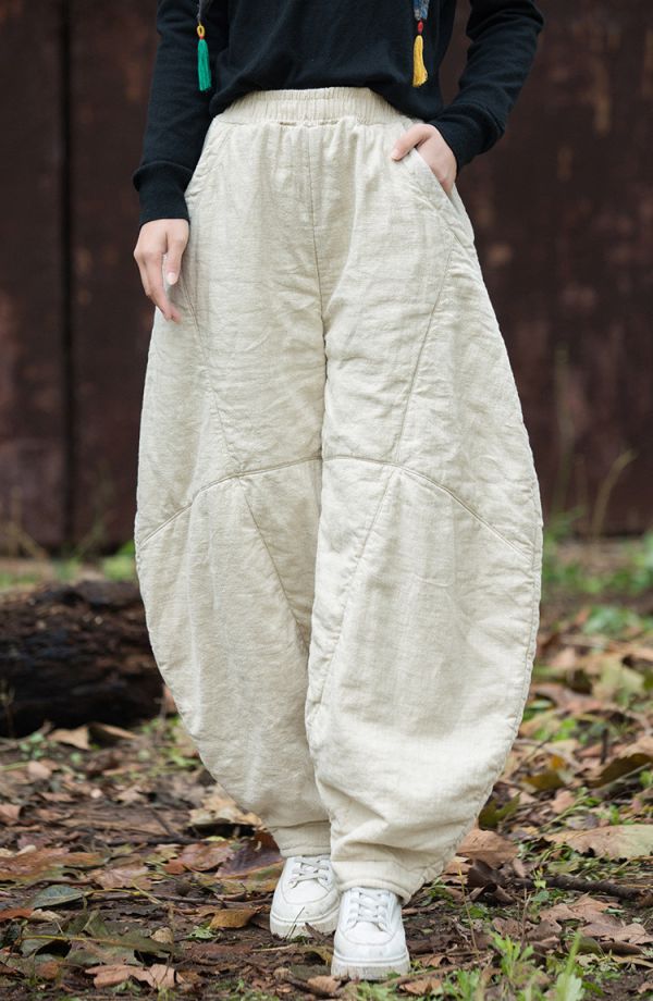 燕燕～秋冬新款 莧麻夾棉加厚炒色燈籠褲 文藝復古棉麻打坐禪修太極褲 長褲 