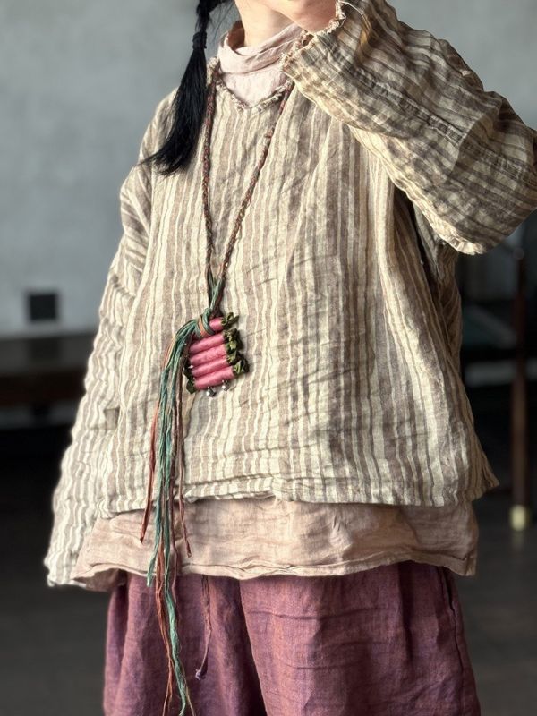燕燕～春季新款 色織亞麻條紋外套寬鬆休閒手撕毛邊V亞麻上衣小衫 