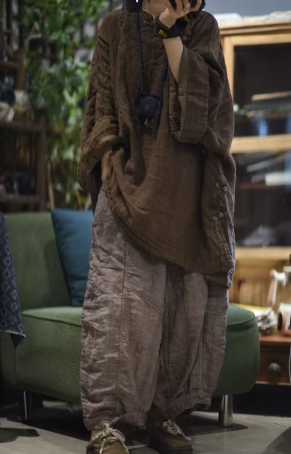 燕燕～秋冬款~雙層厚實復古做舊寬鬆闊腿休閒長褲 