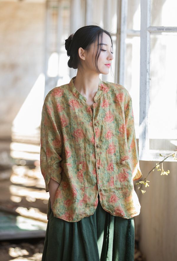 燕燕~夏棉麻新品 苧麻 薄款數碼印花襯衫 新中式盤扣設計感女式開衫上衣 