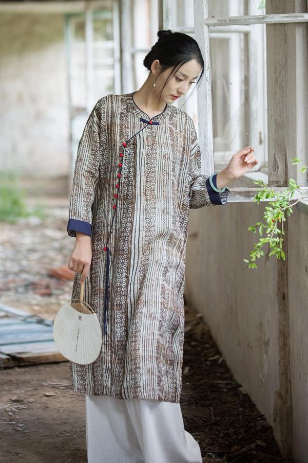 燕燕~夏季新款 100支純莧麻數位印花洋裝 文藝復古寬鬆圓領改良旗袍連身裙 