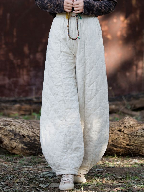 燕燕~冬季新款 復古夾棉絎縫菱形格加厚保暖燈籠棉褲 