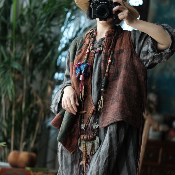 燕燕~棉麻商品~中式改良側開襟夾棉拼布背心棉麻杉. ab178301 