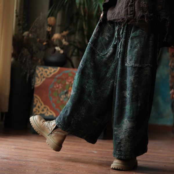 燕燕~秋冬新款 復古保暖休閒褲 設計感中式文藝加厚麻棉提花闊腿褲 ab080301 