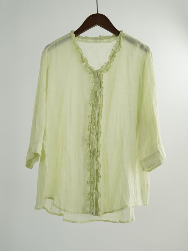 燕燕~夏季新款~復古細苧麻防曬襯衫 木耳邊田園開襟上衣 ab2634601 