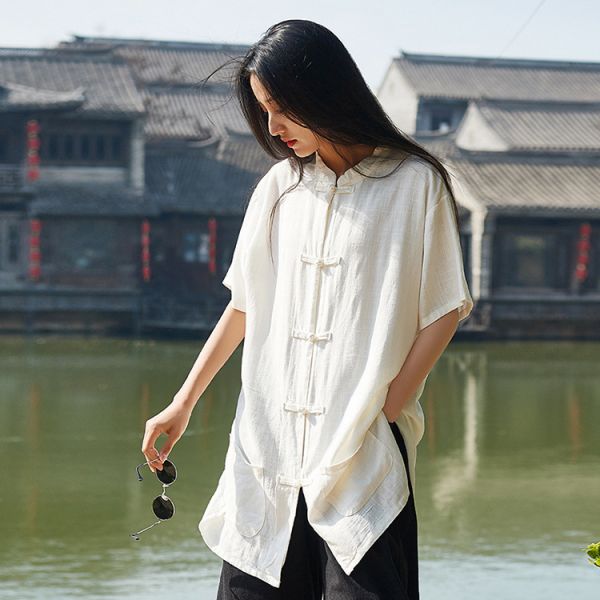 燕燕～春夏款 亞麻  禪意砂洗盤扣半袖外套 上衣> 