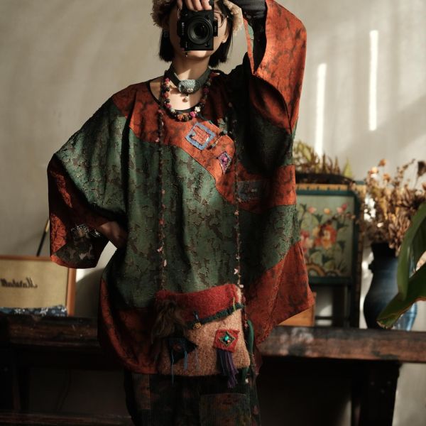 燕燕~棉麻商品~拼色復古文藝做舊人絲寬鬆大袖口中長斜襟襯衫 開襟衫 ab227801 