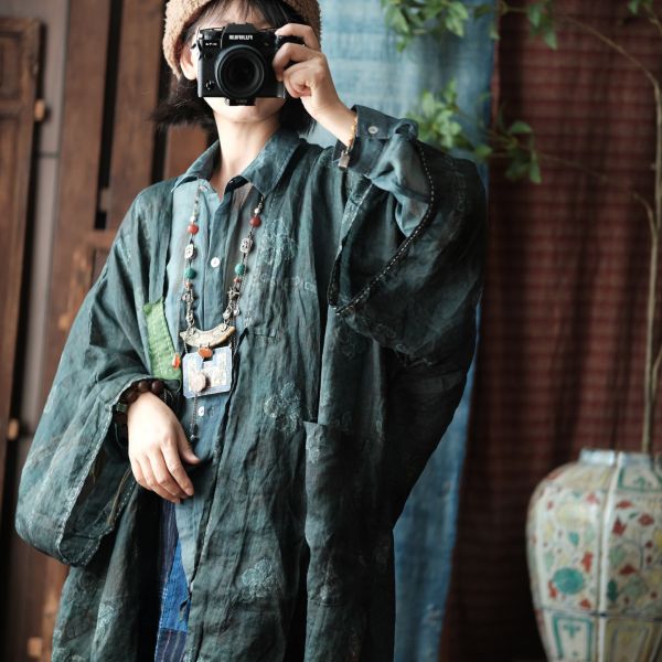 燕燕~純苧麻   手工補丁繫帶開襟袍外披外套。 ab218501 