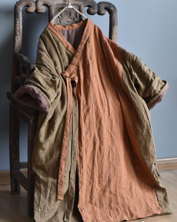 燕燕~拼色設計 亞麻夾棉寬鬆斜襟開衫棉衣外套 長大衣 