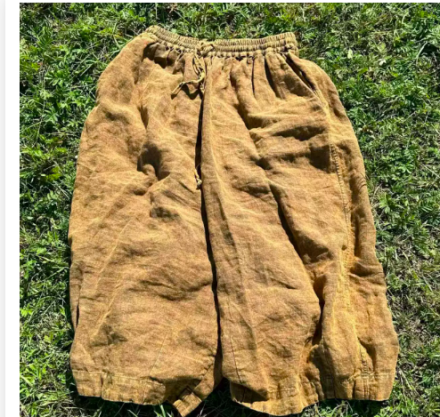 燕燕~夏季新款 砂洗亞麻文藝復古休閒繫帶長褲 