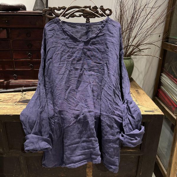 燕燕~夏季新款 文藝復古水洗做舊亞麻 v領套頭落肩小衫 上衣 