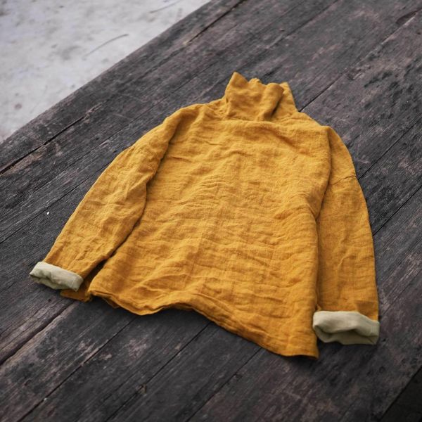 燕燕~色織亞麻 堆堆領上衣 文藝寬鬆上衣長袖襯衫 