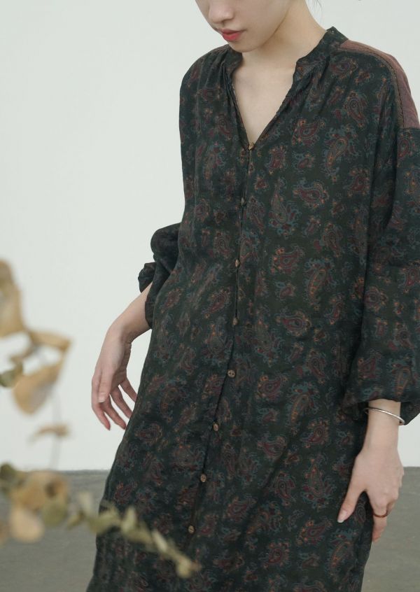 燕燕~棉麻商品~亞麻 數碼印花腰果中長襯衫 撞色長開衫 長袖棉麻衫 ab2303701 