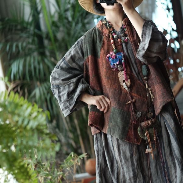 燕燕~棉麻商品~中式改良側開襟夾棉拼布背心棉麻杉. ab178301 