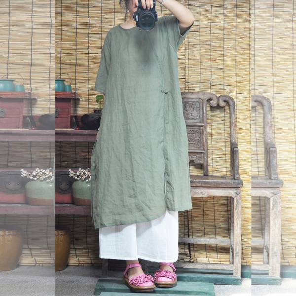 燕燕~夏款 苧麻材質 復古盤扣旗袍圓領洋裝 連身裙 