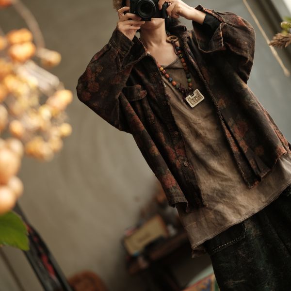 燕燕~秋冬新款 文藝復古雙層寬鬆翻領拼接開襟衫襯衫 ab96001 