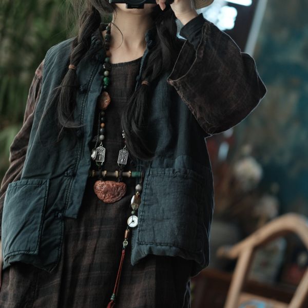 燕燕棉麻～純亞麻 復古文藝拼布寬鬆棉背心 ab179601 