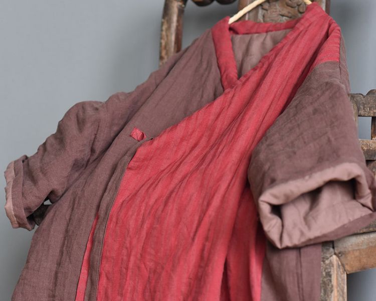 燕燕~拼色設計 亞麻夾棉寬鬆斜襟開衫棉衣外套 長大衣 