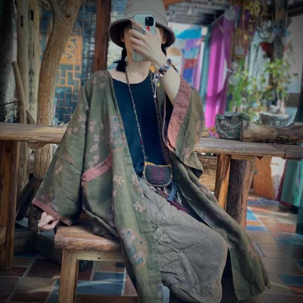 燕燕~棉麻商品~純亞麻 印花無扣外披開衫上衣 長袖棉麻衫 ab191301 