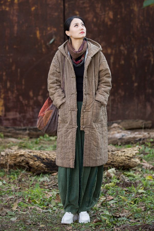 燕燕～苧麻 菱格絎縫棉服加厚保暖長款棉衣外套 