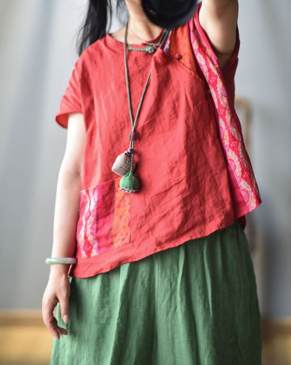 燕燕~棉麻商品~苧麻   圓領清新盤扣襯衫 禪意盤扣民國漢服茶服上衣 短袖棉麻衫 