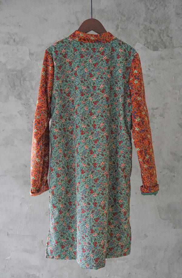 燕燕棉麻～數碼印花燈芯絨材質  長旗袍國風文藝趣味撞色洋裝 連身裙  ab2137201 