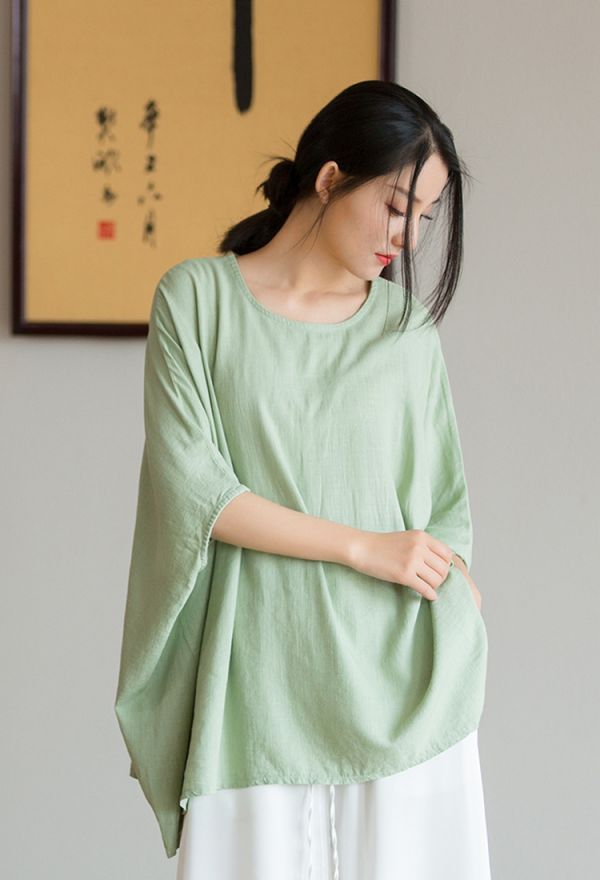 燕燕~寬鬆款式~亞麻 夏季新品  輕薄文藝寬鬆蝙蝠袖上衣 短袖棉麻衫 