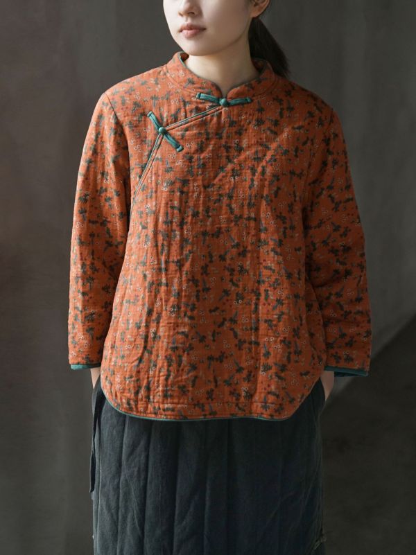 燕燕~數位印花斜襟小棉衣 復古立領加厚茶服棉襖上衣。   ab2328301 