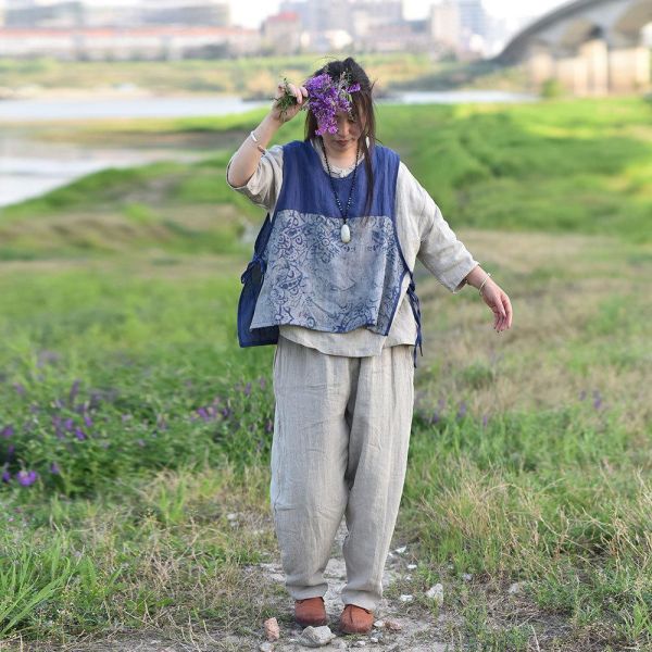 燕燕~春夏款 原創棉麻女裝文藝復古數位印花坎肩撞色無袖背心上衣 