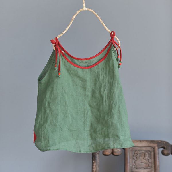 燕燕~春秋款 純苧麻 撞色盤扣吊帶背心 