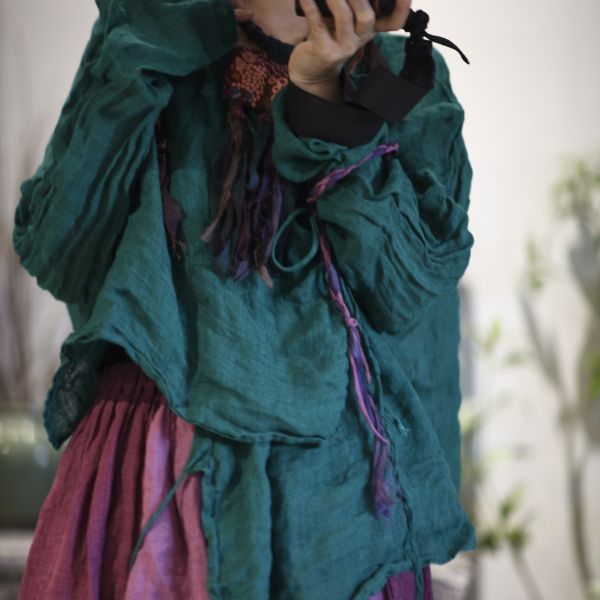 燕燕~亞麻~文藝復古斜襟繫帶小衫 上衣 襯衫 外套 