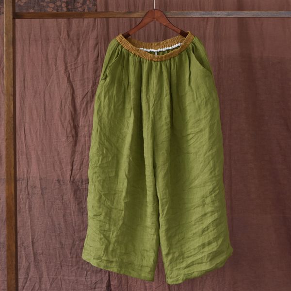 燕燕. 亞麻 撞色鬆緊腰頭 百搭休閒褲復古寬鬆簡約闊腿褲 長褲 民俗風寬褲 