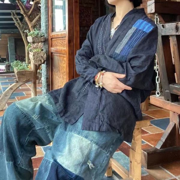 燕燕～～純亞麻  手工針跡貼佈外披上衣 長袖棉麻衫 ab187001 
