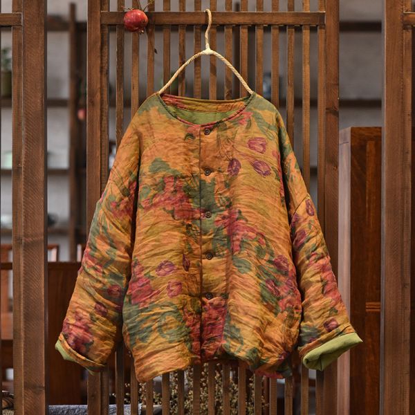 燕燕～秋冬款 苧麻   印花大尺碼 寬鬆文藝復古棉衣 國風中長棉服上衣 