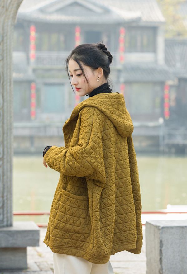 燕燕~棉麻商品~秋冬款 幾何絎縫格紋夾棉加厚改良禪意女式棉服棉衣外套 