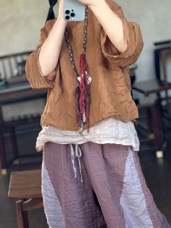 燕燕~輕薄莧麻~時尚舒適百搭寬鬆旅裝 圓領女襯衫 上衣麻衫 