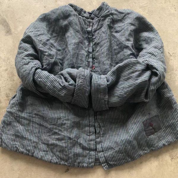 燕燕~色織亞麻    條紋水洗做舊手繡小立領開襟衫棉服上衣。外套 